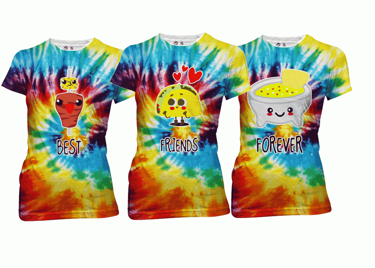 Playera Mejores Amigas Por Siempre Trio Trompo Taco Salsa Tie Dye Colores