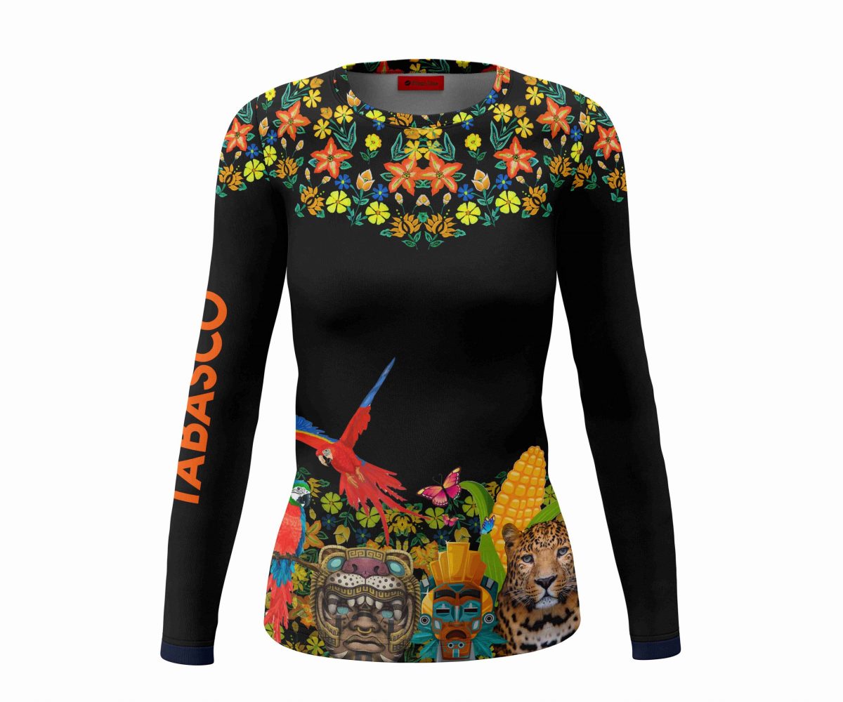 Playera Full Print Dama Manga Larga Tabasco Flores Y Animales