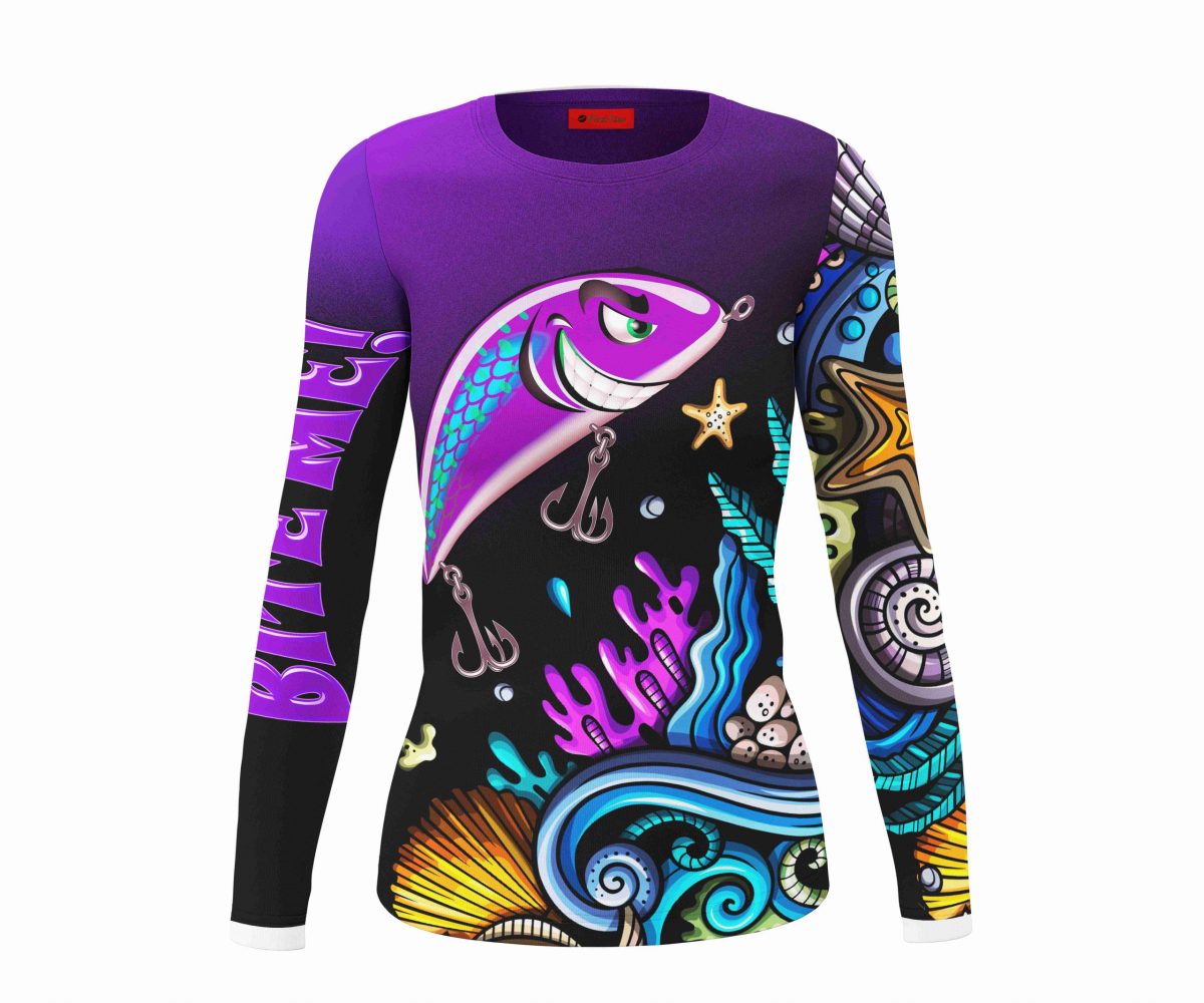 Playera Full Print Dama Jersey Pesca Bit Me Carnada Pez Morado