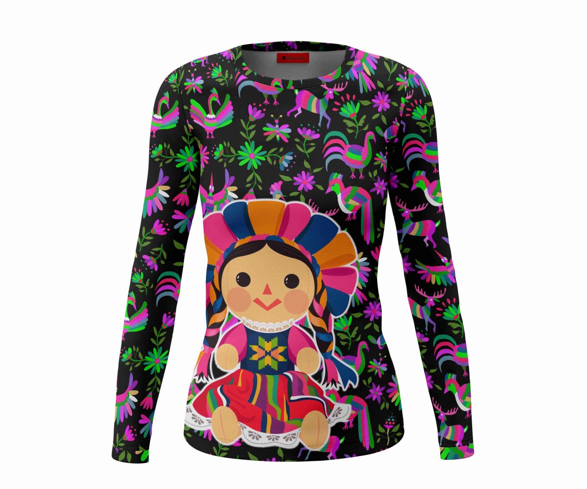 Playera Full Print Dama Manga Larga Muñeca Típica Alebrijes Colores