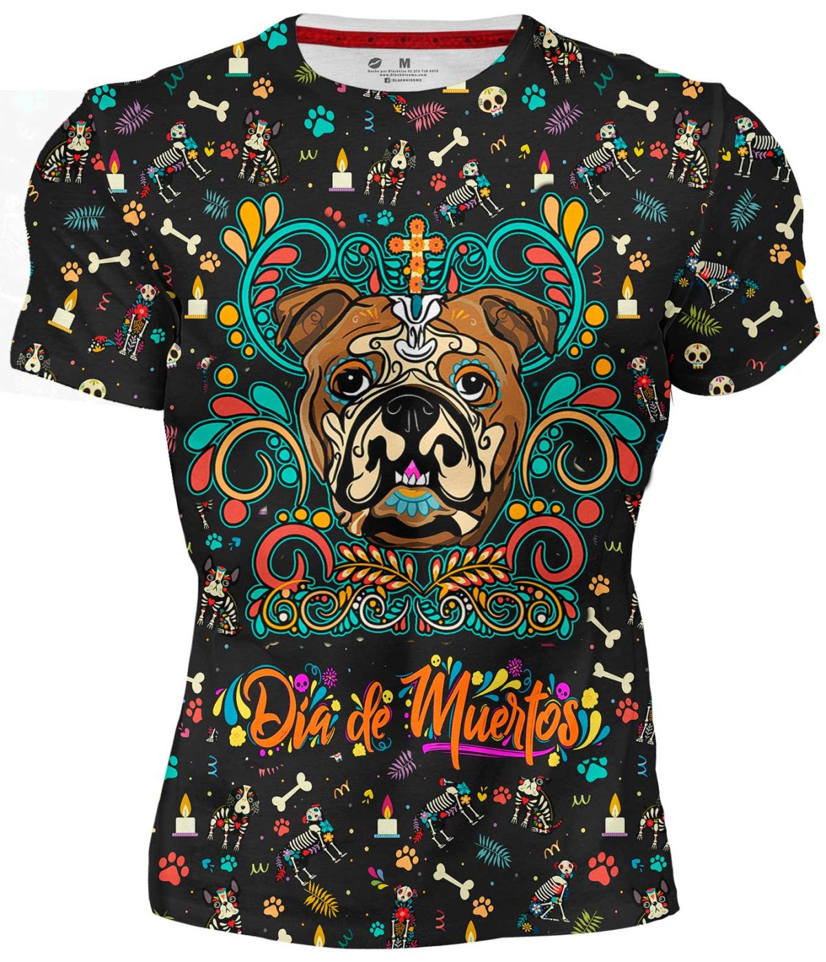 Playera Full Print Perro Día De Muertos Huesitos