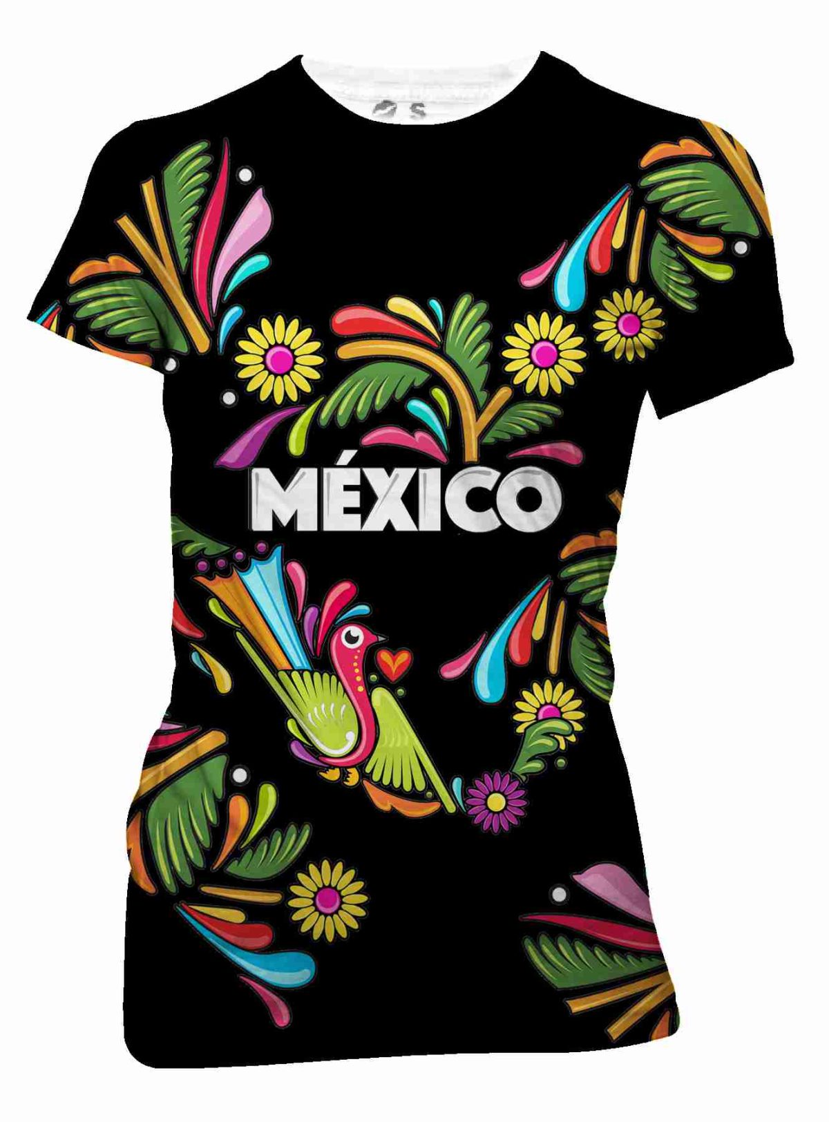 Playera Full Print Dama Negra Mapa México Flores