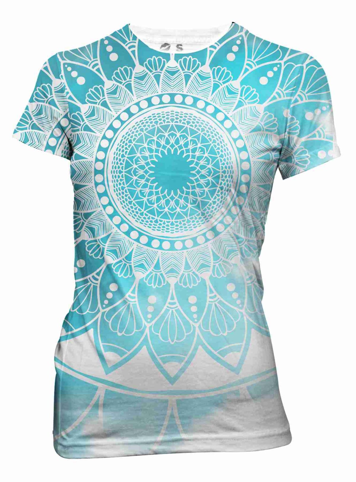 Playera Full Print Dama Turquesa Mándala Blanco