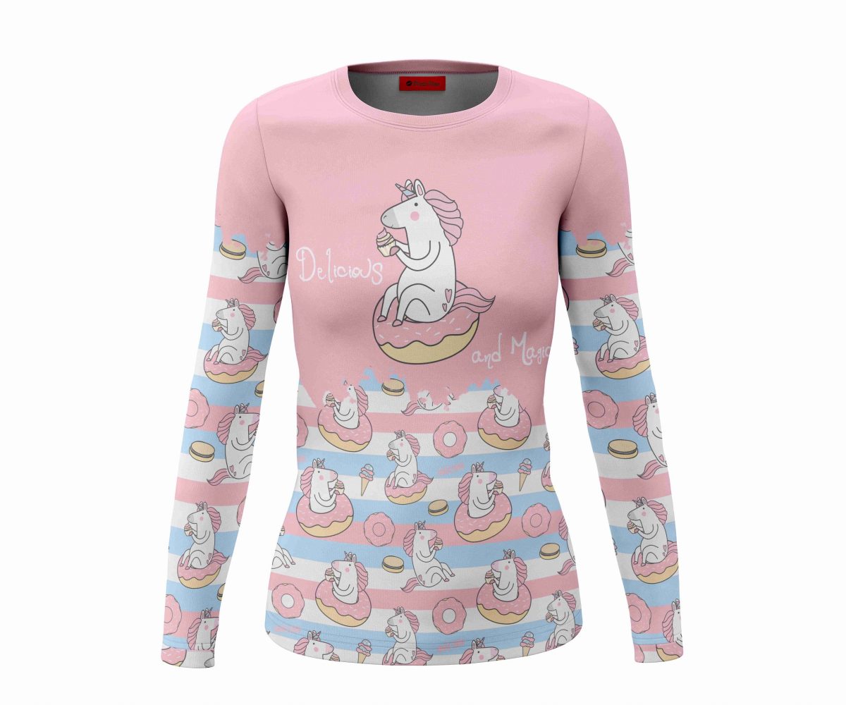 Playera Full Print Dama Manga Larga Unicornio Donas Delicious and Magic