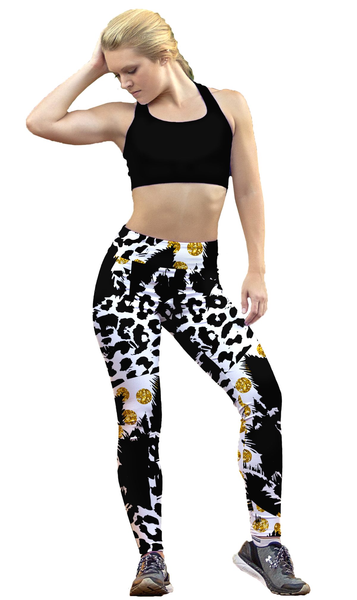Leggins Sublimado Animal Print Blanco Negro Esferas Doradas