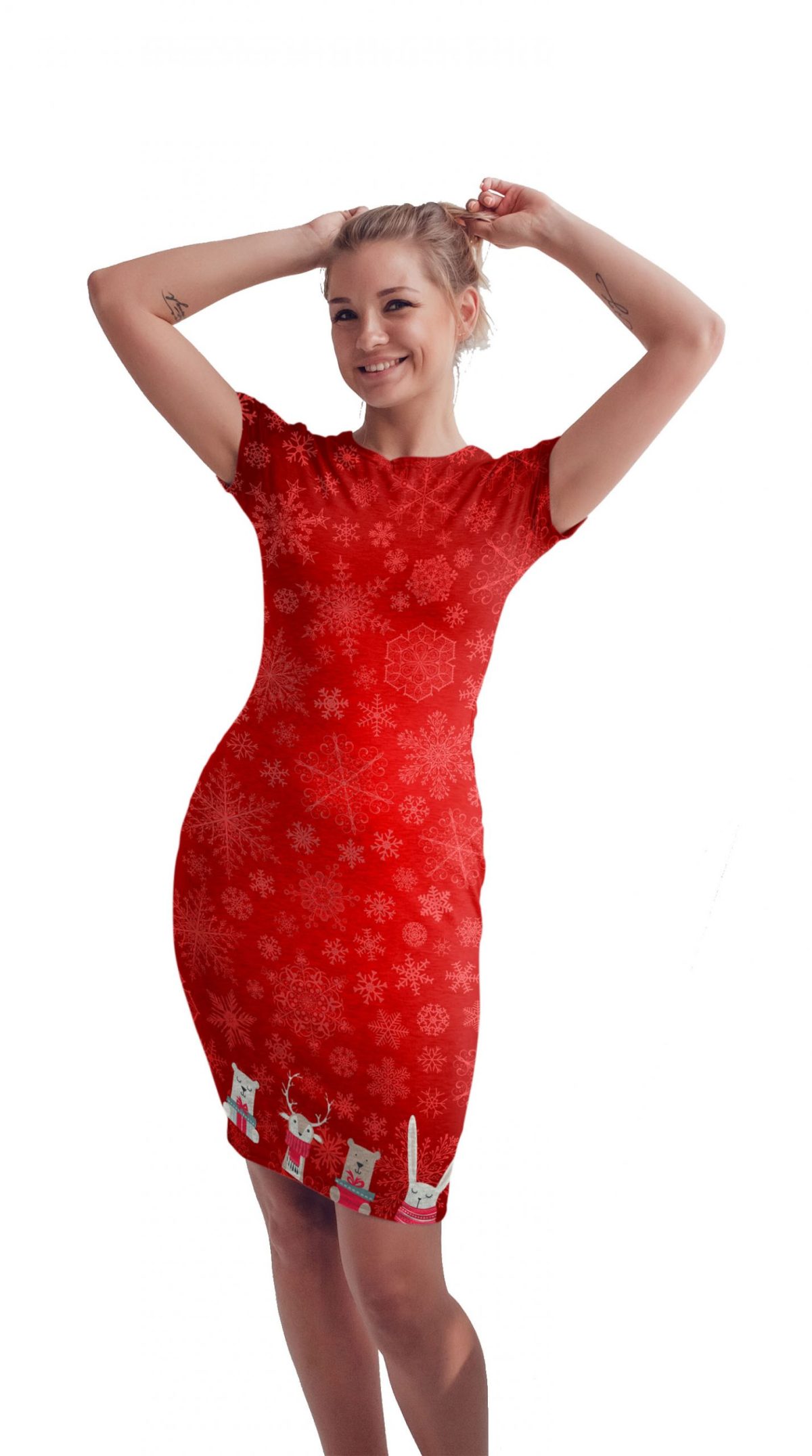 Vestido Sublimado Navidad Copos de Nieve Rojos con Animalitos