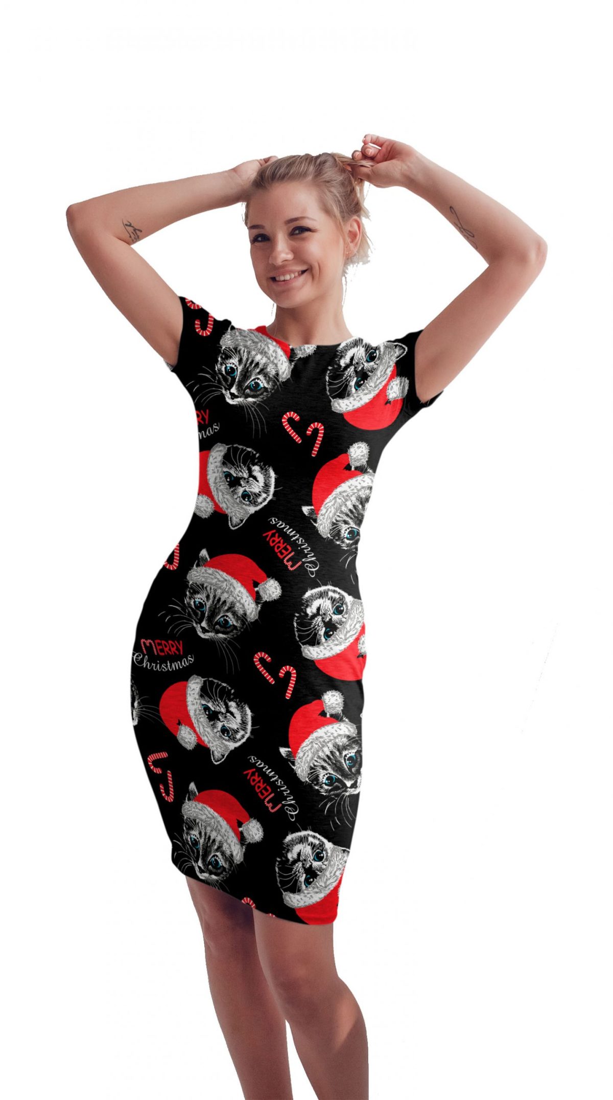 Vestido Sublimado Navidad Gatos con Gorrito de Santa