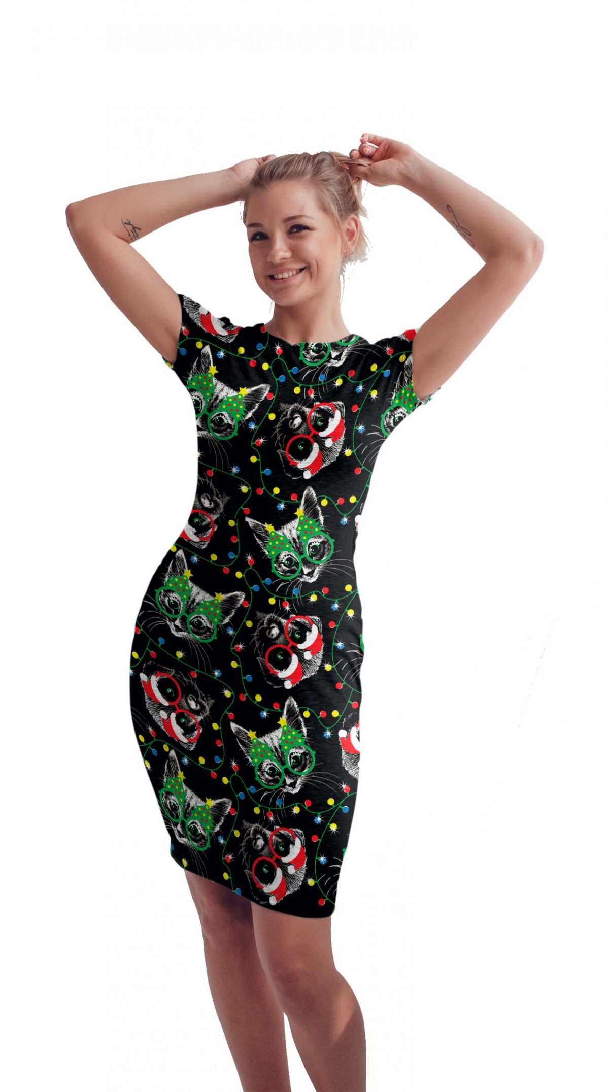 Vestido Sublimado Navidad Gatos Perritos Luces y Gorros Navideños