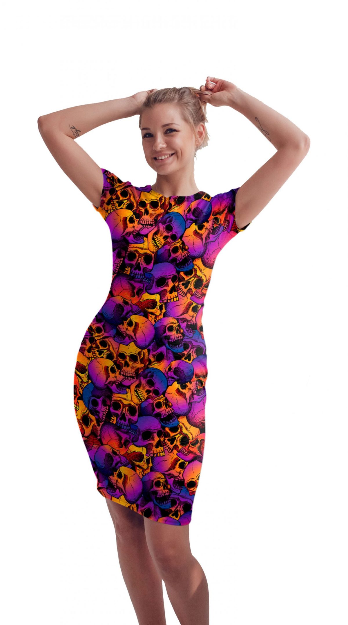Vestido Sublimado Cráneos Amarillo Morado