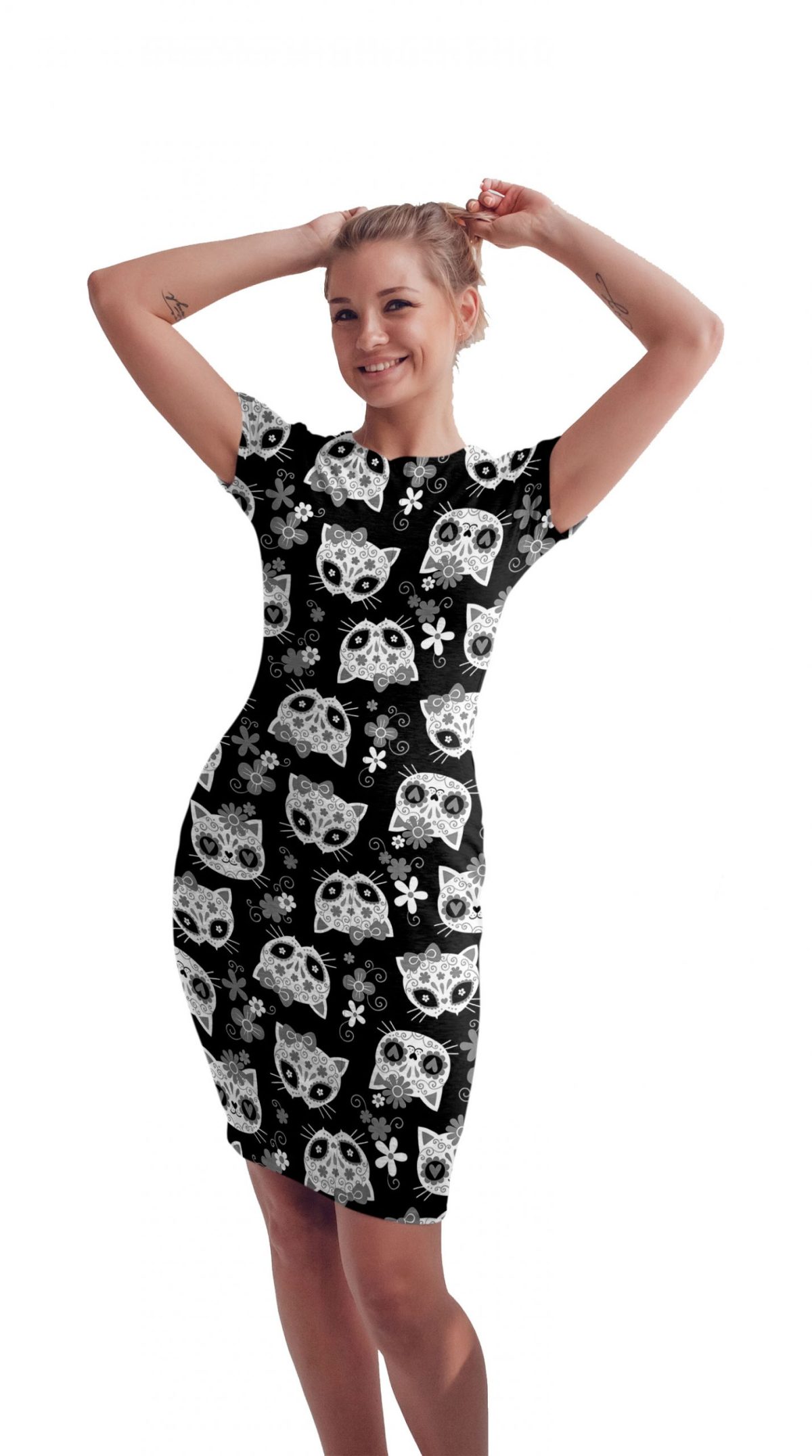 Vestido Sublimado Gatos Calaveras Día De Muertos Gris