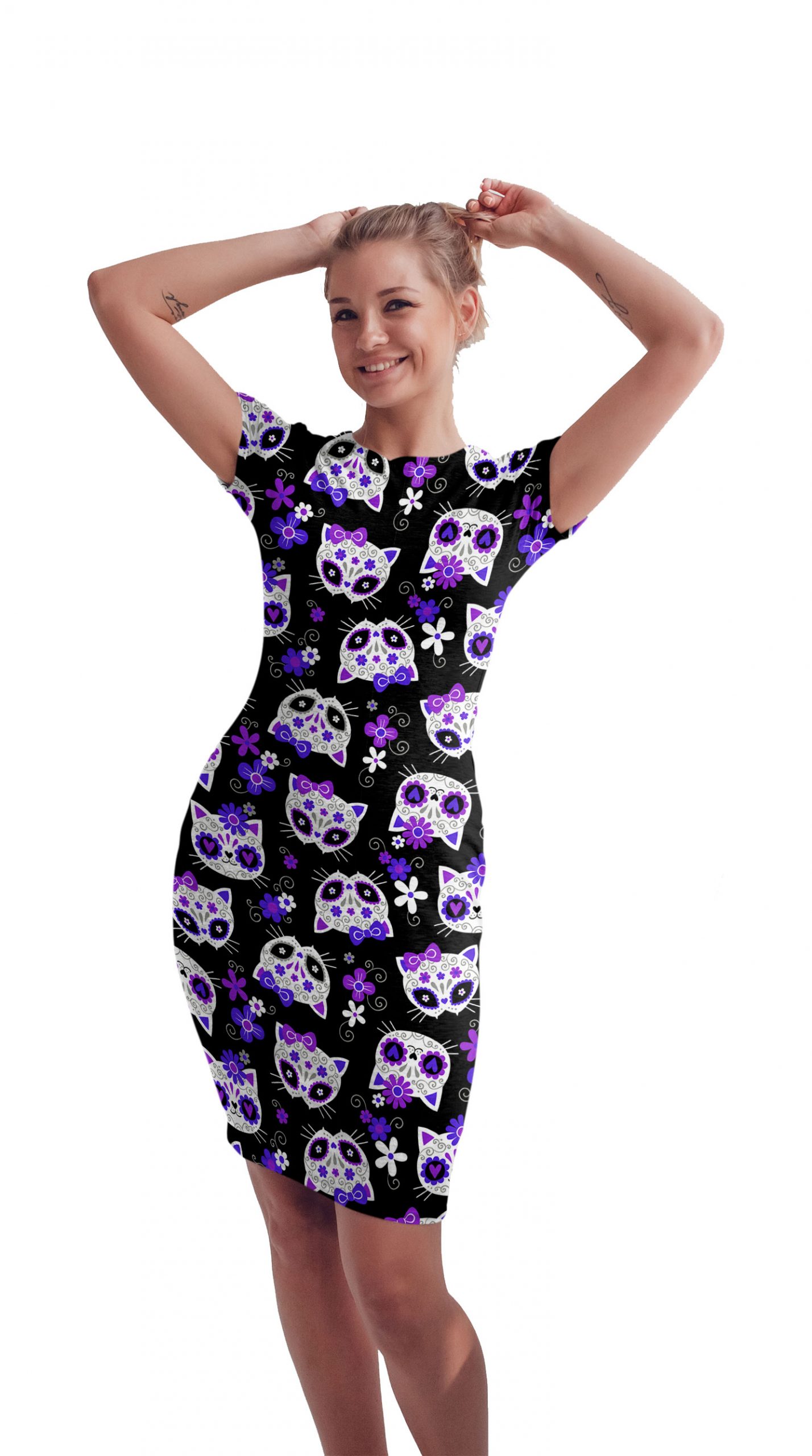 Vestido Sublimado Gatos Calaveras Día De Muertos Morado