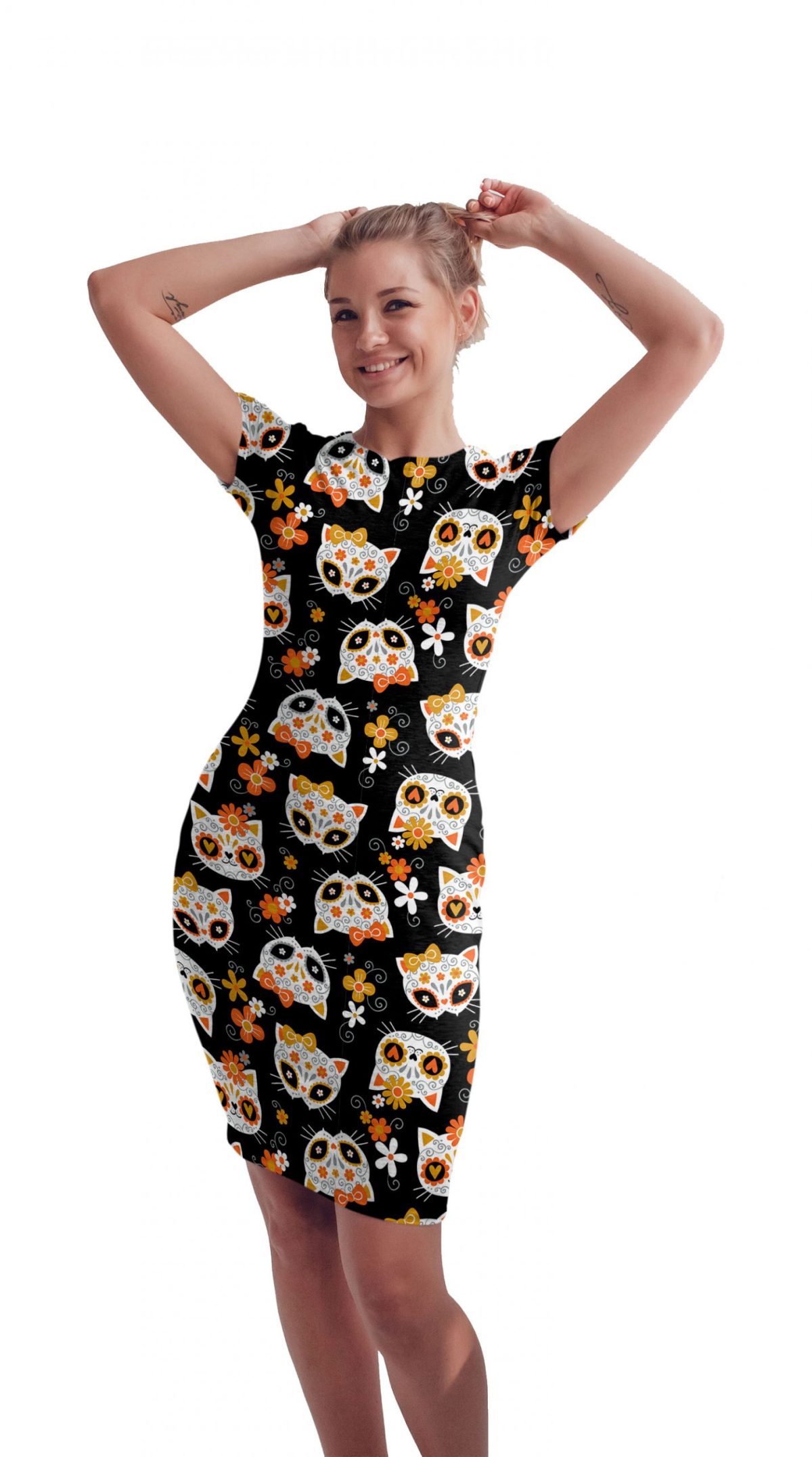 Vestido Sublimado Gatos Calaveras Día De Muertos