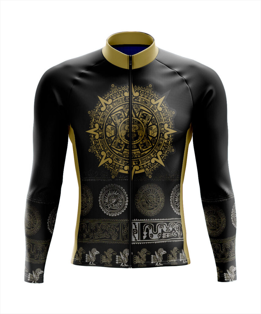 Jersey Ciclismo Manga Larga Maillot Mtb Dorado Calendario Azteca Negra