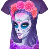 Playera Full Print Dia de Muertos Catrina Morada Tocado Flores - Imagen 2