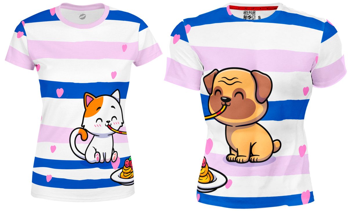 Playera Sublimada Full Print Pareja Perro y Gato Love