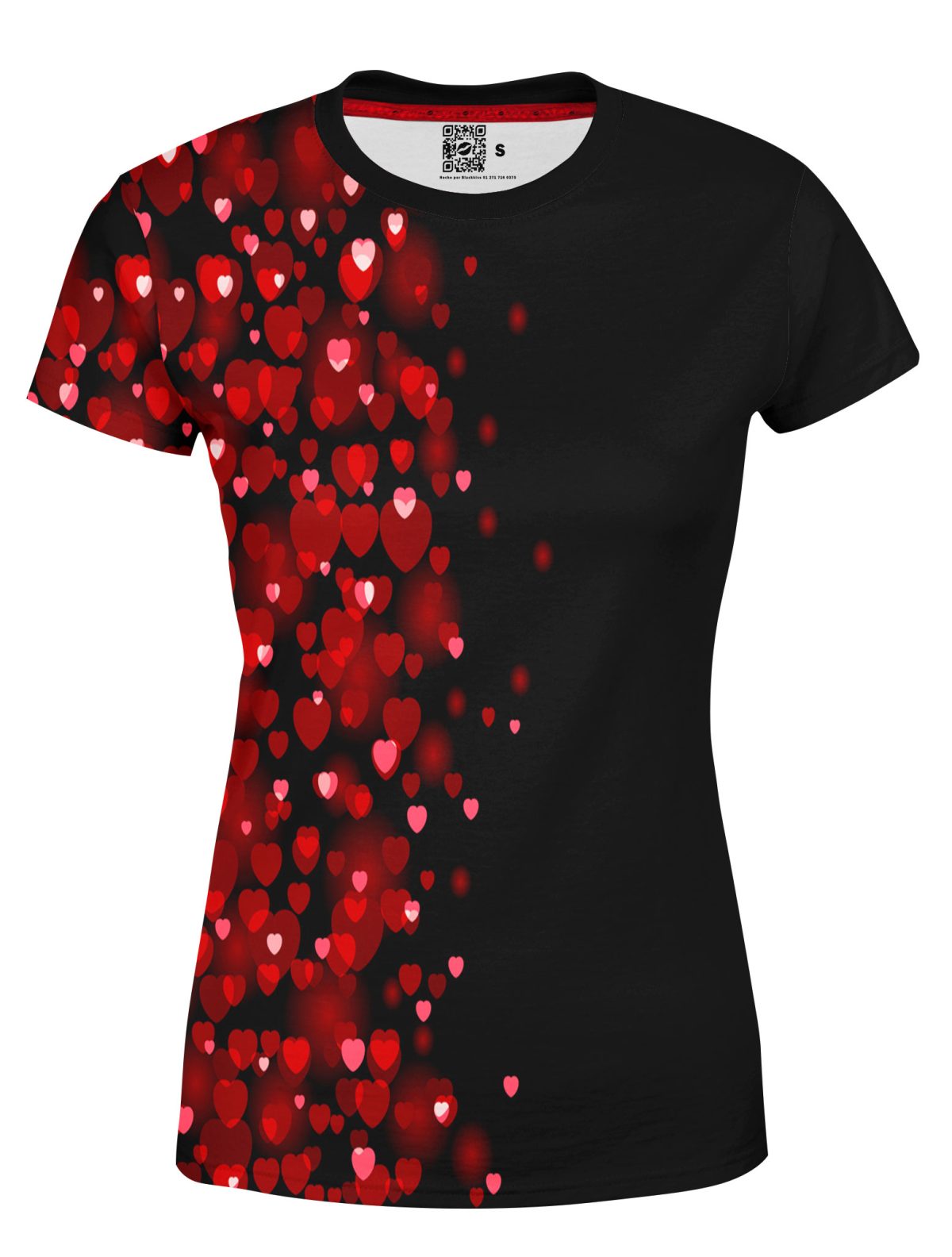 Playera Full Print Dama San Valentín Negra Corazones Rojos