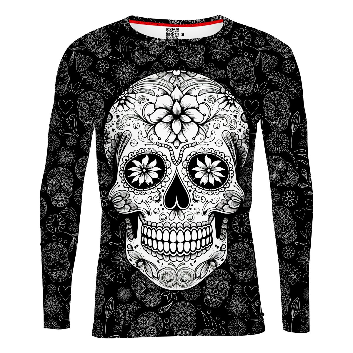 Playera Caballero Manga Larga Calavera Blanca Fondo Negro C0008