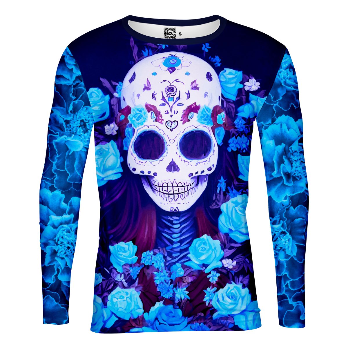 Playera Caballero Manga Larga Calavera Rosas y Flores Azules C0007