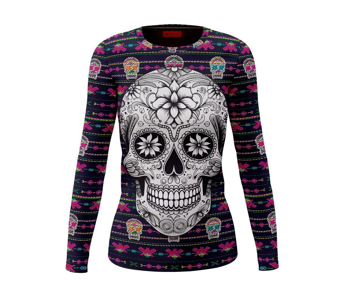 Playera Dama Manga Larga Calavera Bordado Rosa C0005