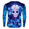 Playera Caballero Manga Larga Calavera Rosas y Flores Azules C0007 - Imagen 2