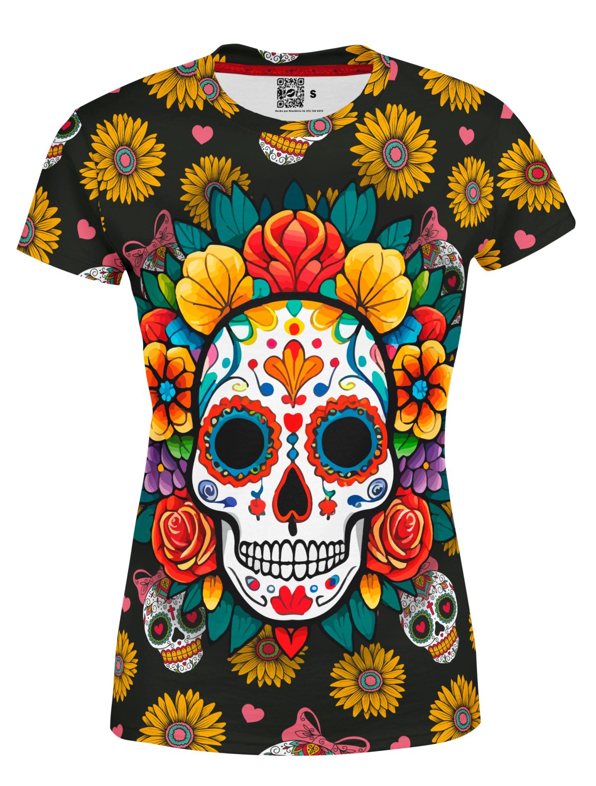 Playera Dama Manga Corta Calavera Girasoles Corazones C0006