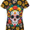Playera Dama Manga Corta Calavera Girasoles Corazones C0006 - Imagen 2