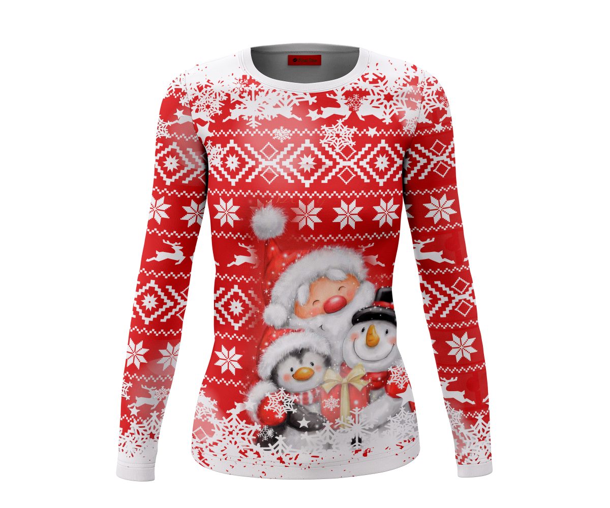 Playera Dama Manga Larga Copos Santa Oso Pingüino Rojo