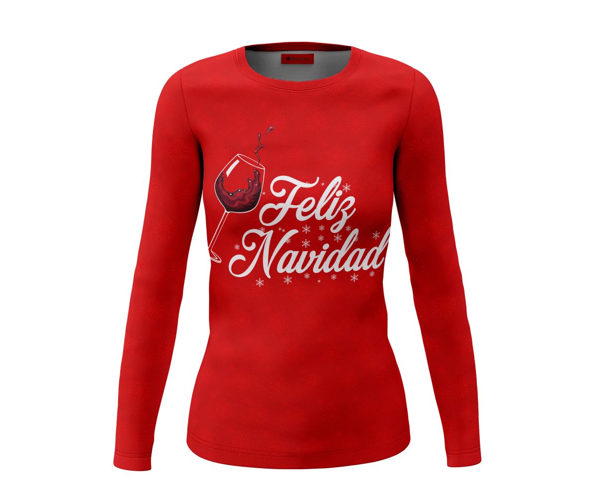Playera Dama Manga Larga Copa de Vino Feliz Navidad C0037