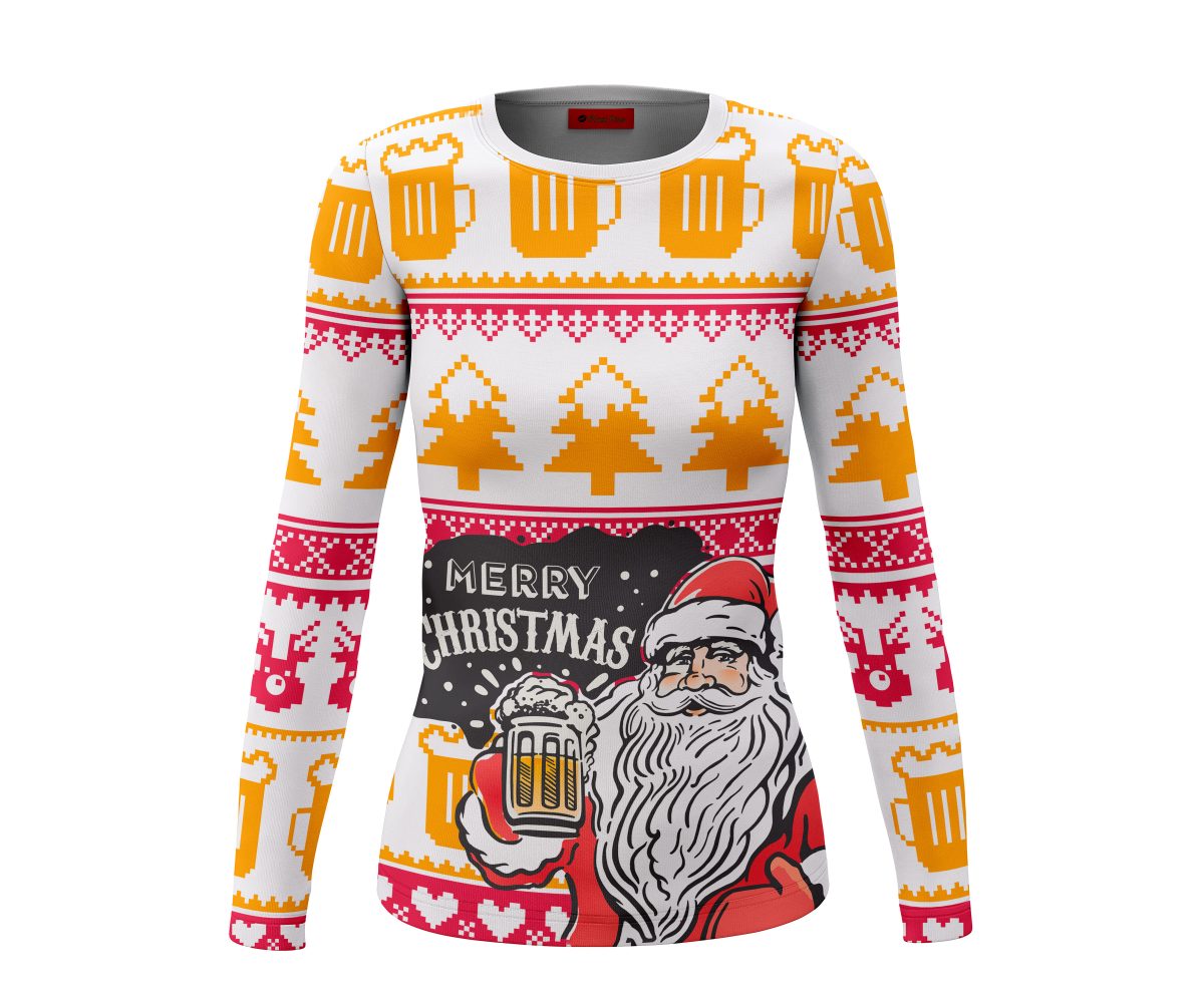 Playera Dama Manga Larga Navidad Santa Tarro de Cerveza Ugly