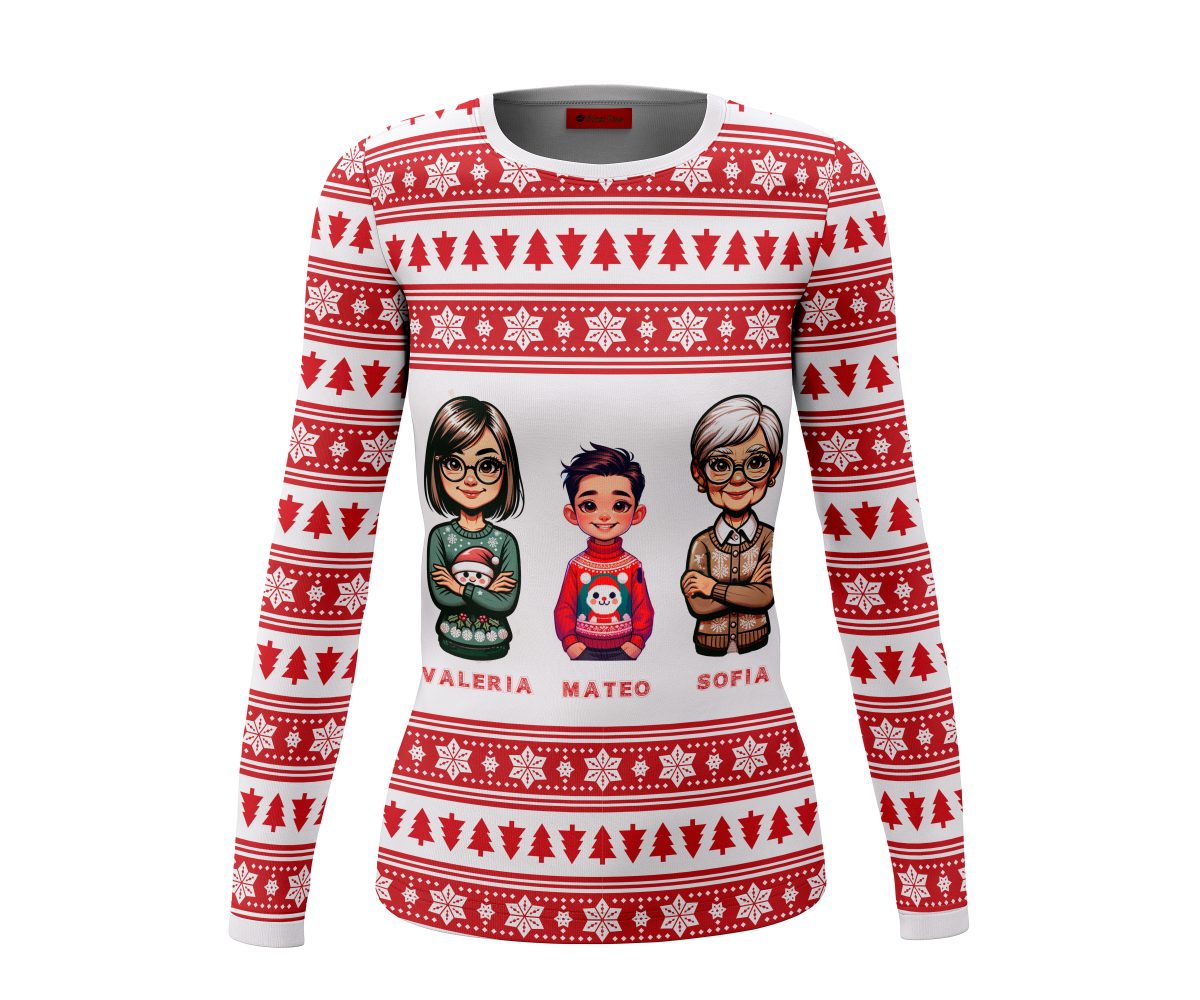 Playera Dama Manga Larga Navidad Familia Animada Rojo