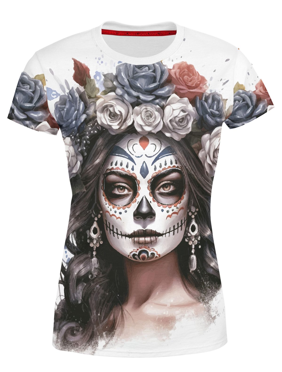 Playera Dama Manga Corta Catrina Acuarela con Rosas Blanco A0040