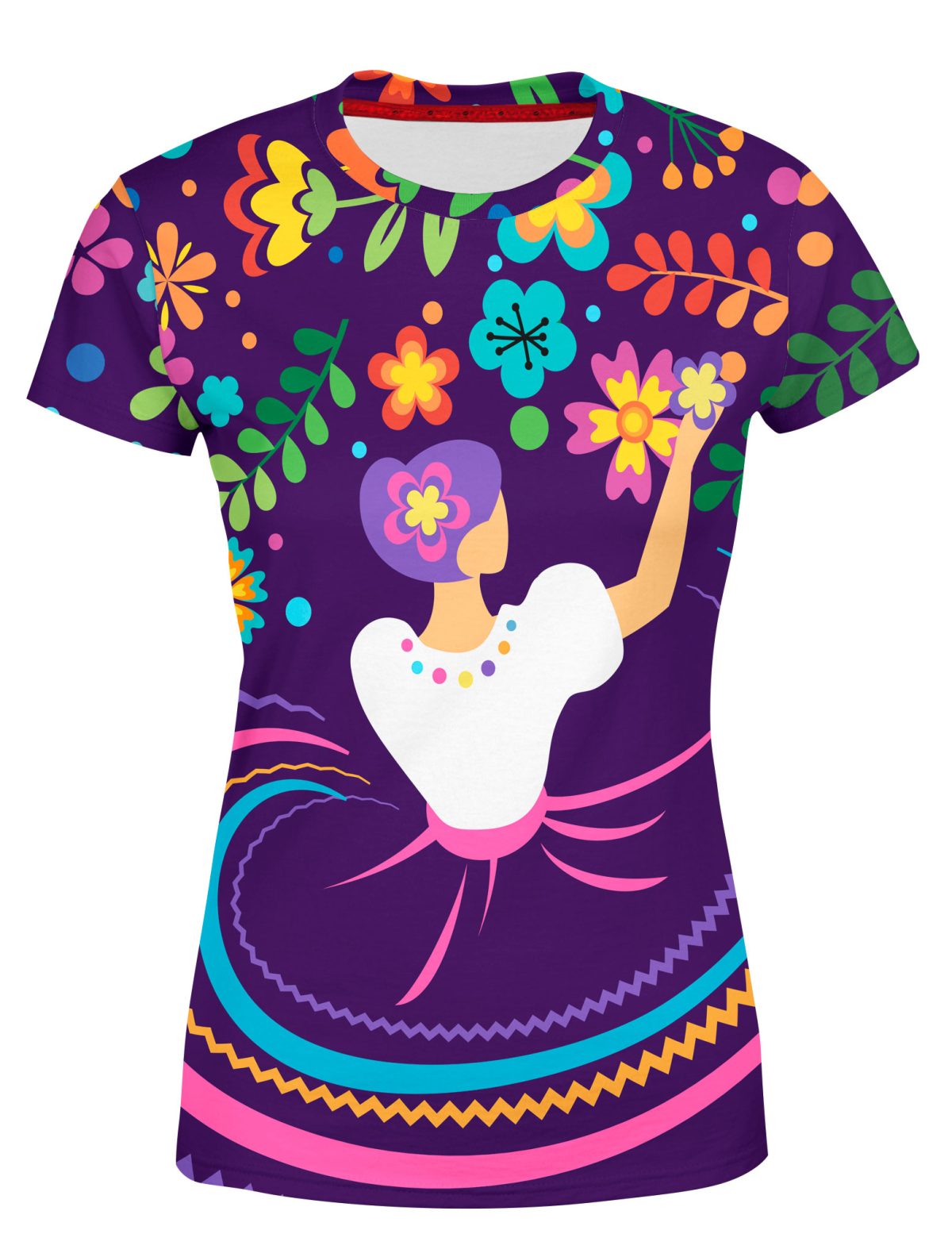 Playera Dama Manga Corta Bailarina Mexicana Flores Colores Folklore A0045
