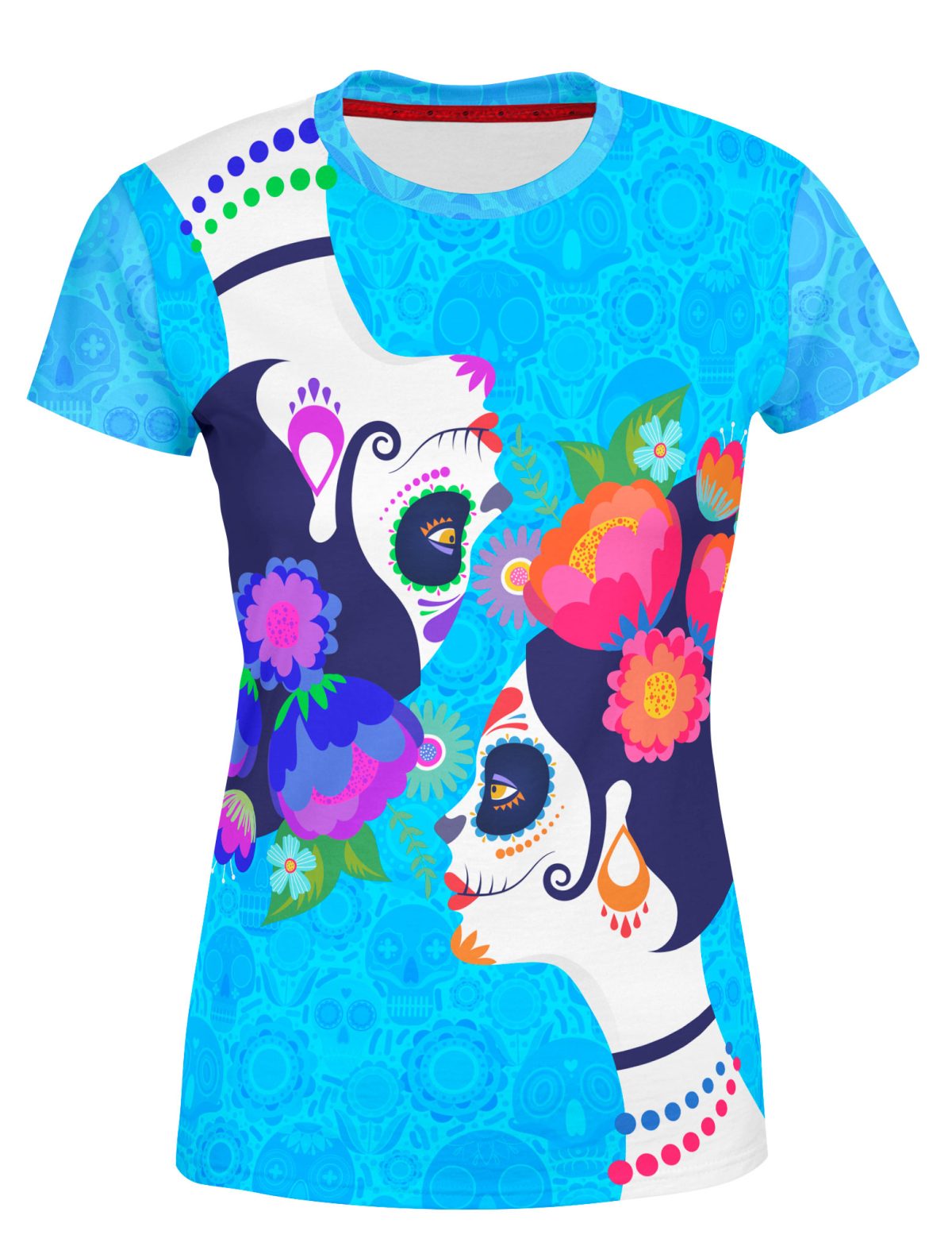 Playera Dama Manga Corta Catrina Encontrados Tocados en Morado y Naranja A0046