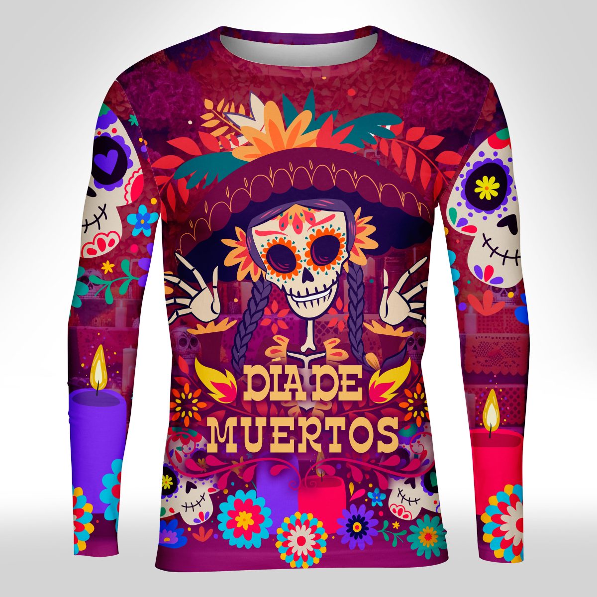 Playera Caballero Manga Larga Catrina con Trenzas Día de Muertos Altar A0067