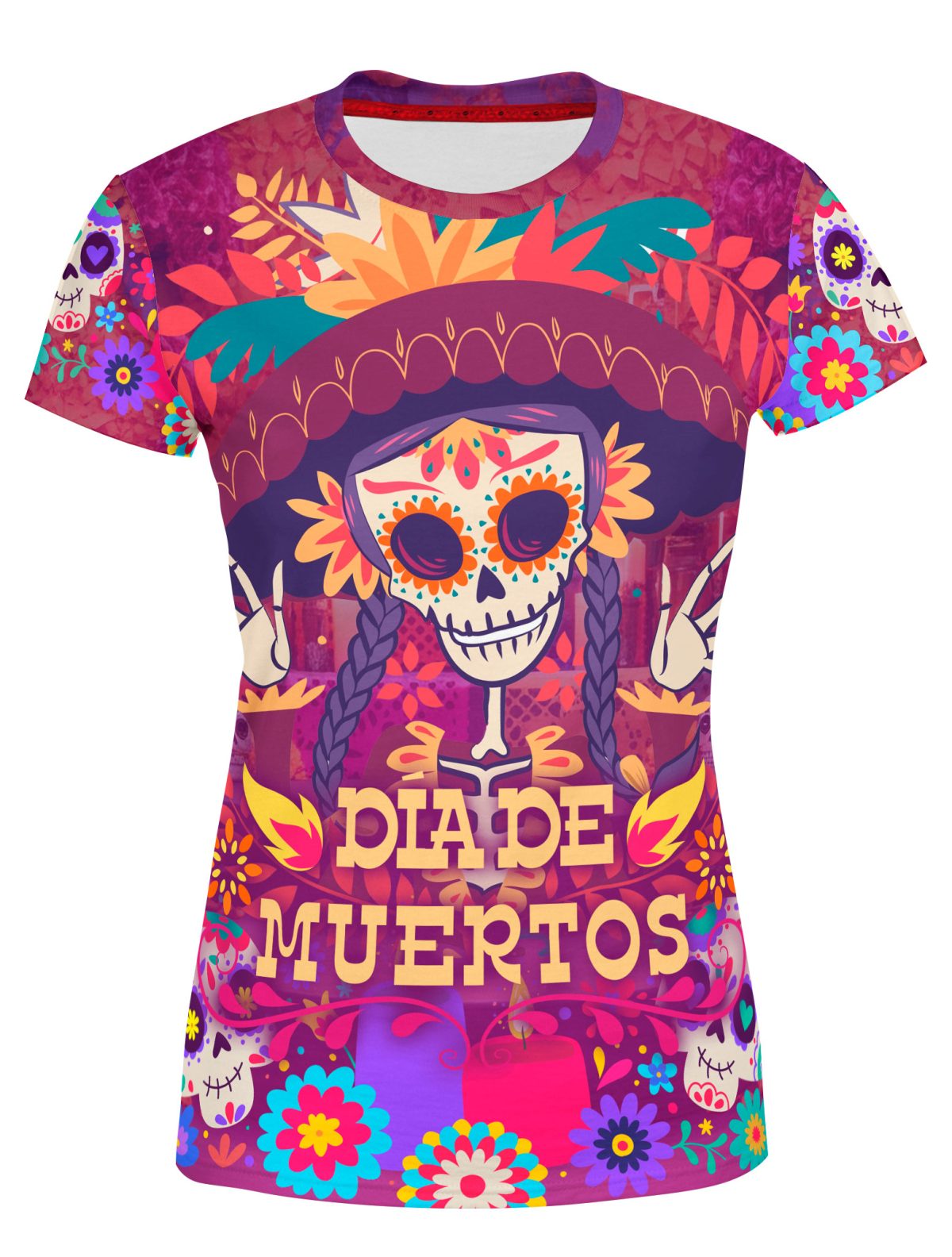 Playera Dama Manga Corta Catrina con Trenzas Día de Muertos Altar A0067