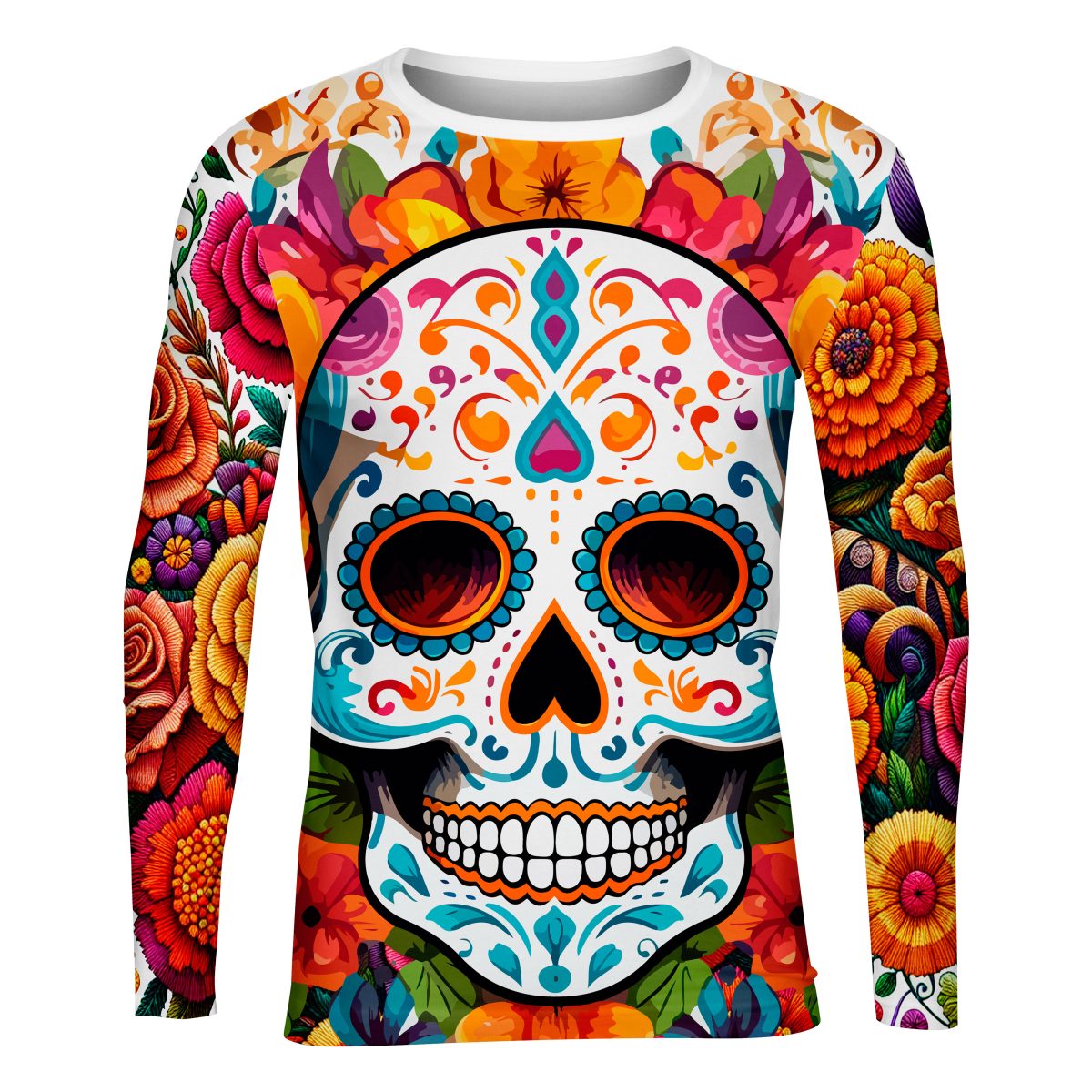 Playera Caballero Manga Larga Calavera en Flores de Altar Blanco A0068