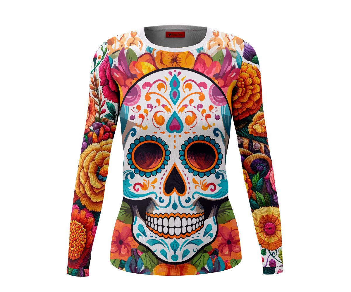 Playera Dama Manga Larga Calavera en Flores de Altar Blanco A0068