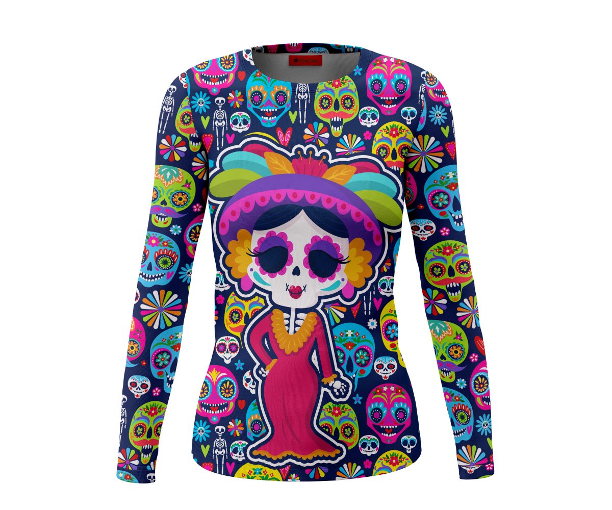 Playera Dama Manga Larga Catrines Calaveritas Neón A0069