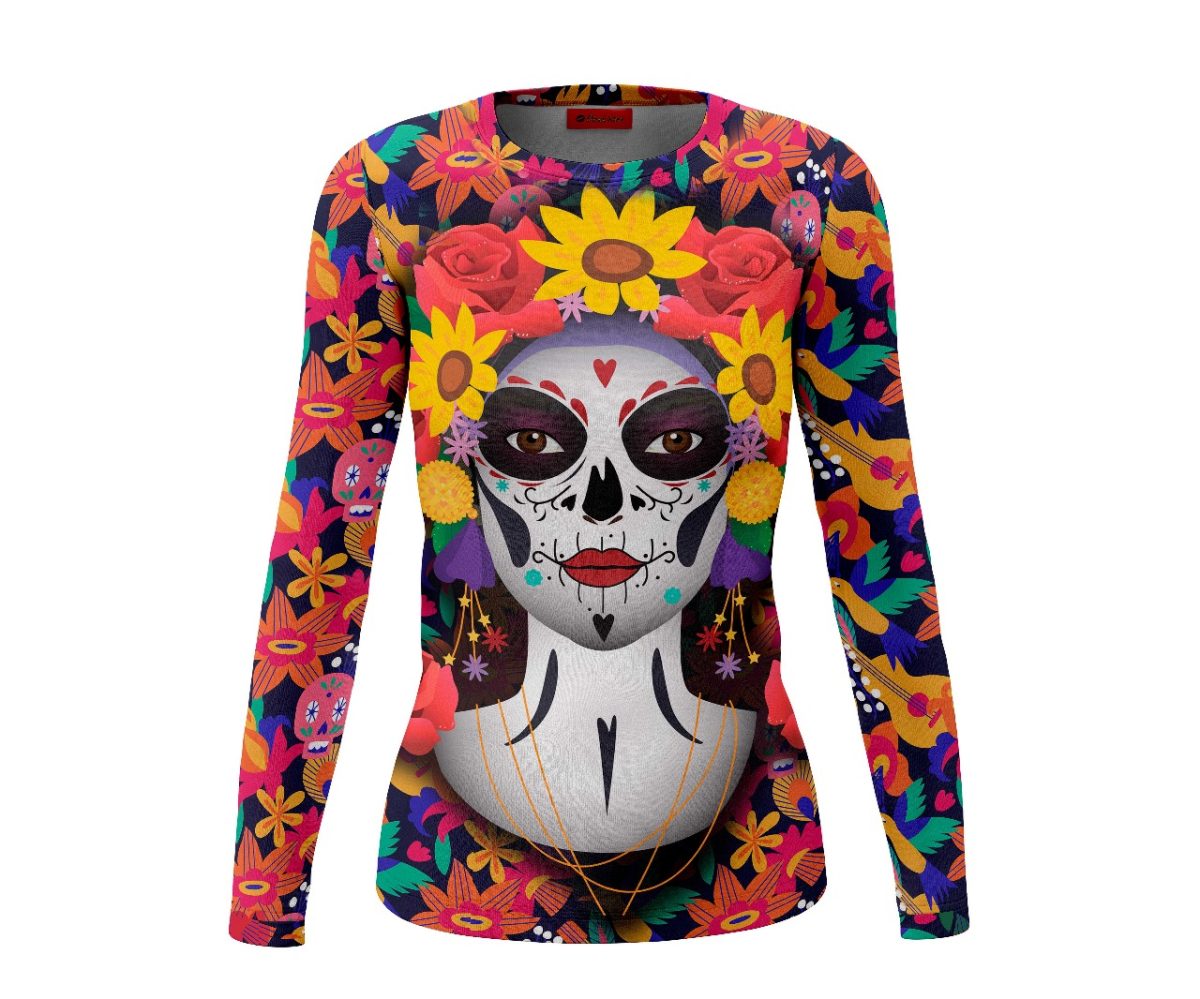 Playera Dama Manga Larga Calavera Skull Catrina Girasoles Pájaros