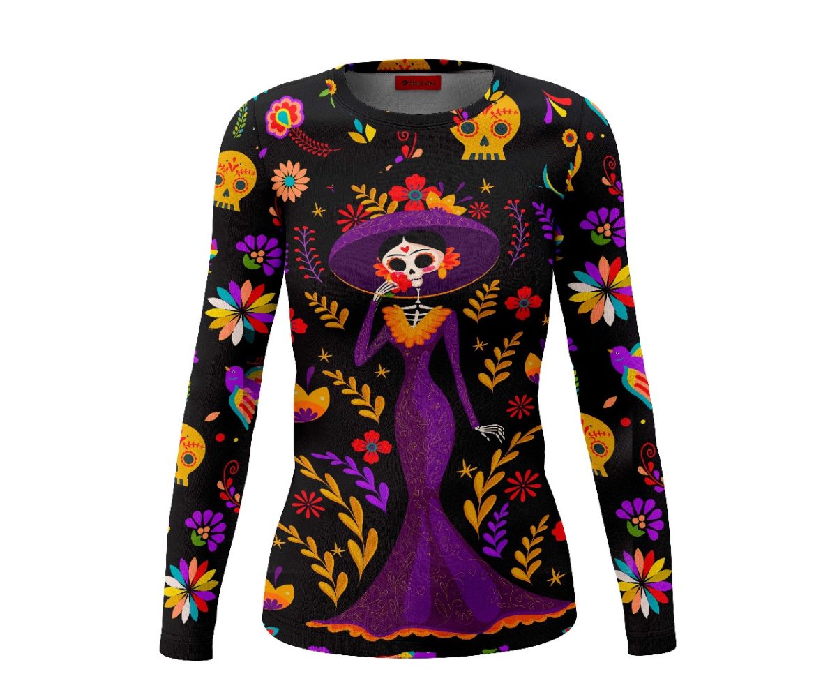 Playera Dama Manga Larga Calavera Skull Catrina Vestido Morado 140