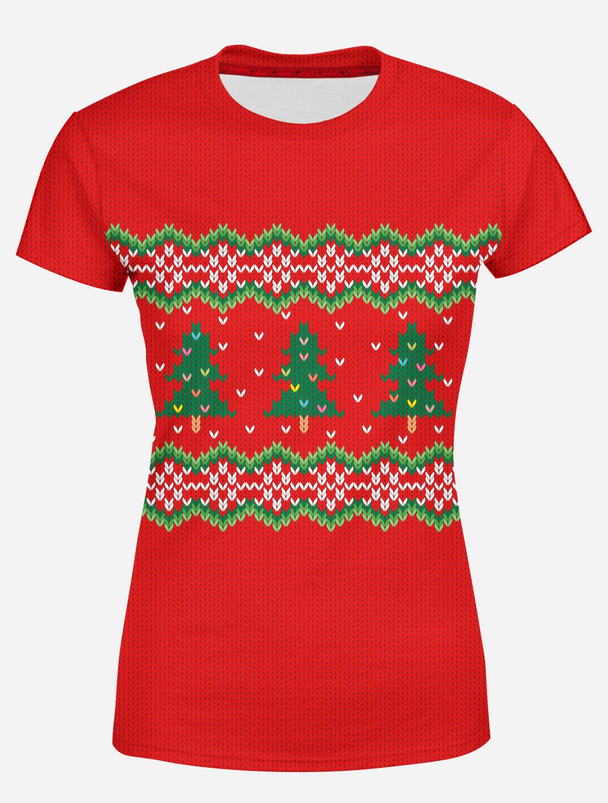 Playera Full Print Dama Suéter Árboles Navidad Rojo A0078