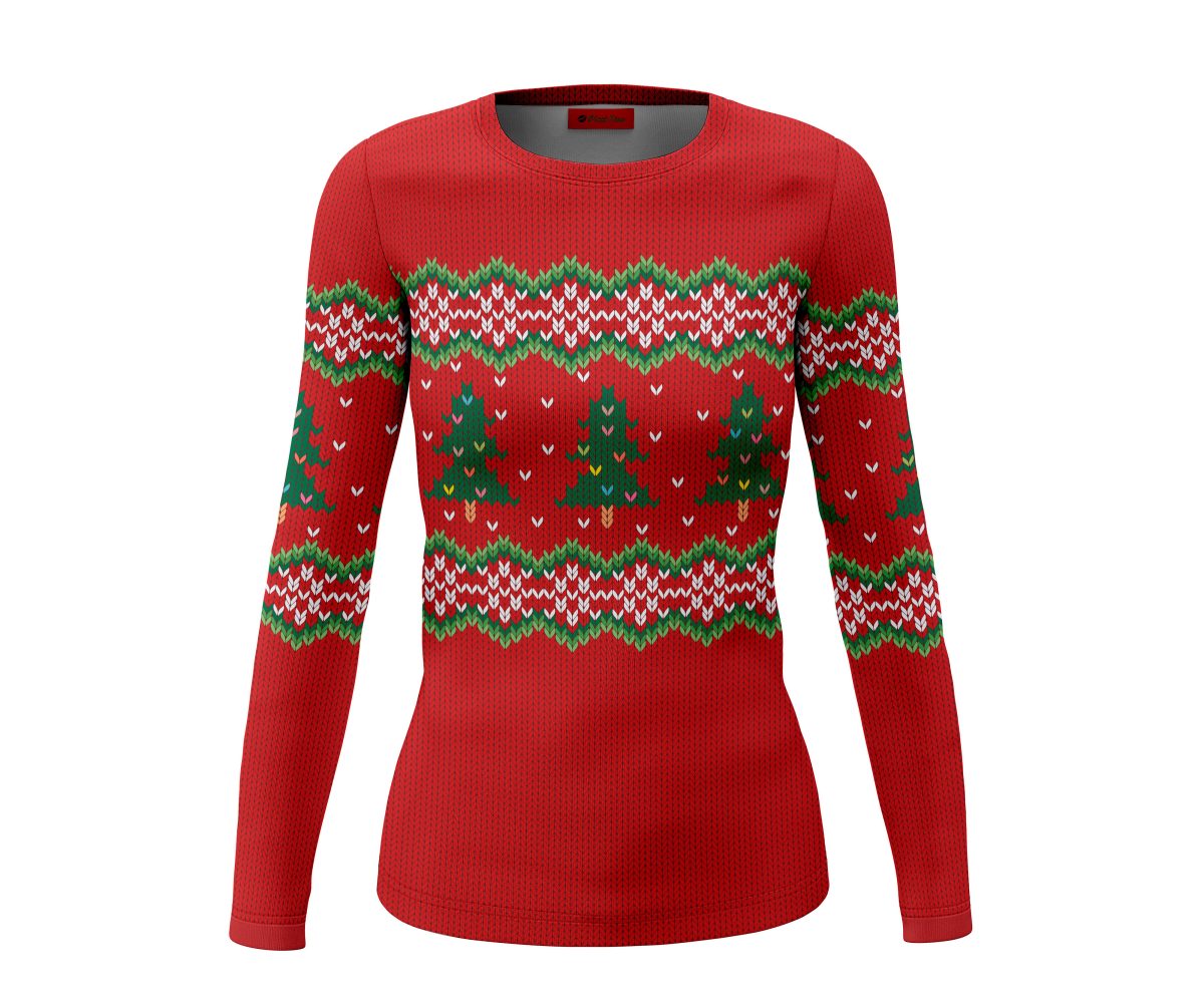 Playera Dama Manga Larga Suéter Árboles Navidad Rojo A0078