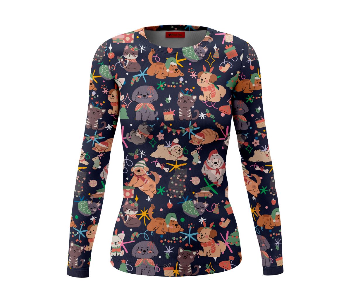 Playera Dama Manga Larga Perrito y Gatitos Navideños A0080