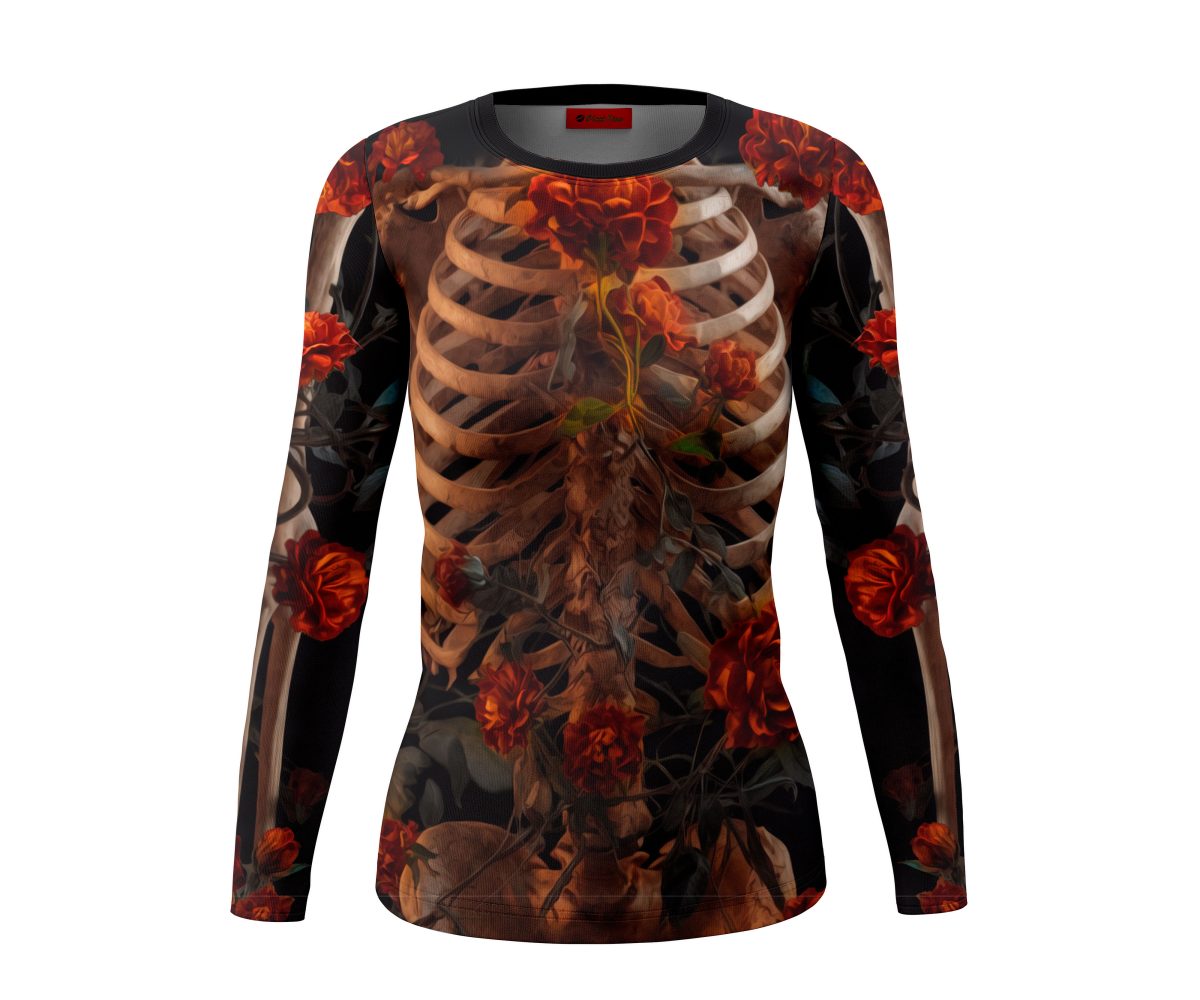 Playera Dama Manga Larga Esqueleto con Cempasúchil A0125