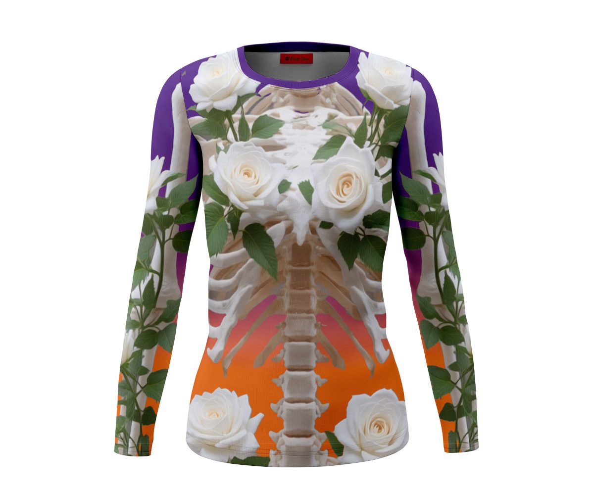 Playera Dama Manga Larga Esqueleto Rosas Blancas Moradas Naranja A0127