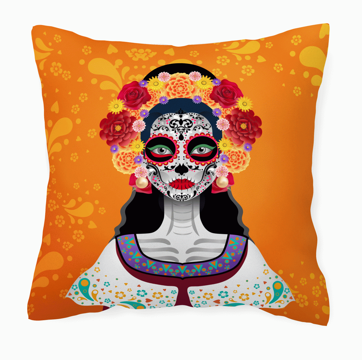 Cojín Día de Muertos Catrina Naranja Detalles Florales C0081
