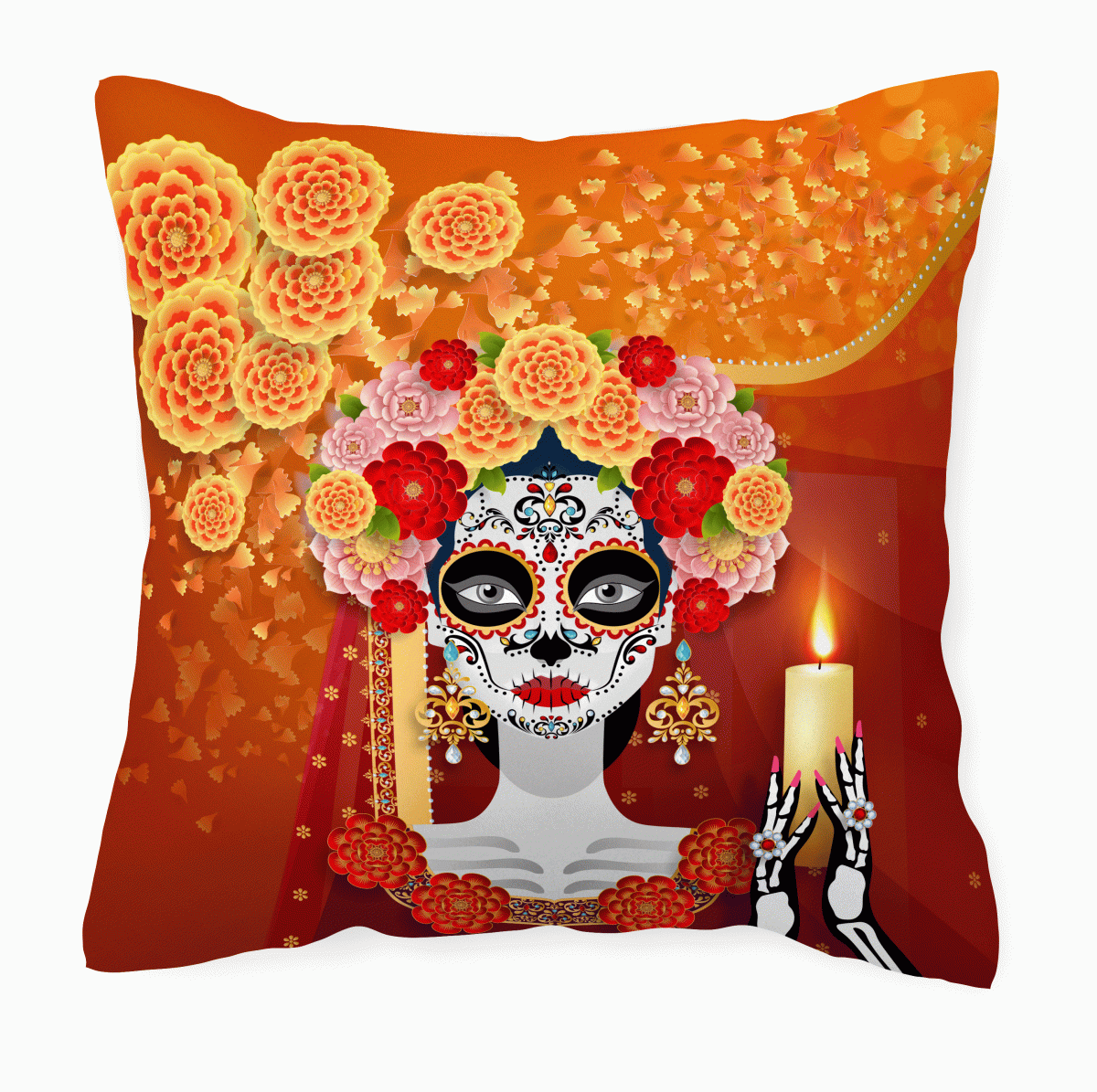 Cojín Día de Muertos Catrina con Tocado de Flores y Velas C0082